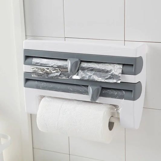 Porta Rotoli da Cucina 4 in 1 da Parete – Dispenser Pellicola, Alluminio, Carta Assorbente, Portaoggetti in ABS - N.1 Online