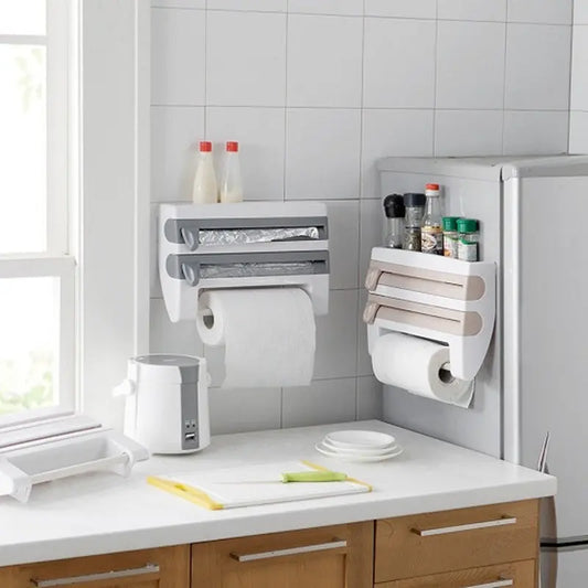 Porta Rotoli da Cucina 4 in 1 da Parete – Dispenser Pellicola, Alluminio, Carta Assorbente, Portaoggetti in ABS - N.1 Online