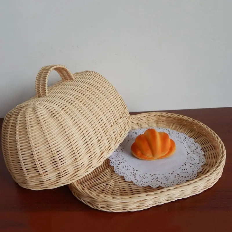 Vassoio in Rattan con Coperchio – Cestino Porta Vivande con Copertura Antipolvere, Fatto a Mano in Fibra Naturale - N.1 Online